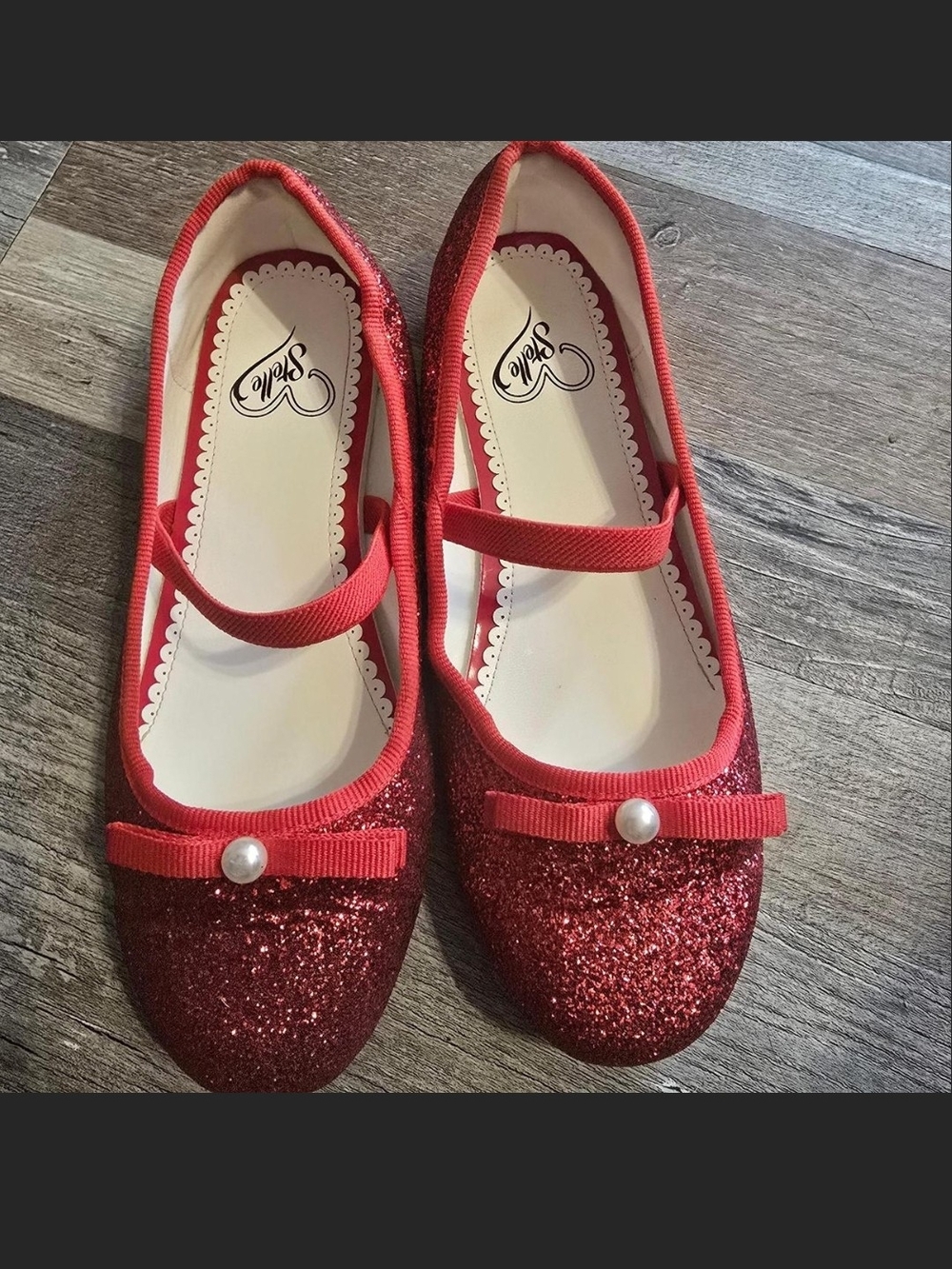 Girls Red Glitter Mary Jane Flats with Pearl Bow Accent